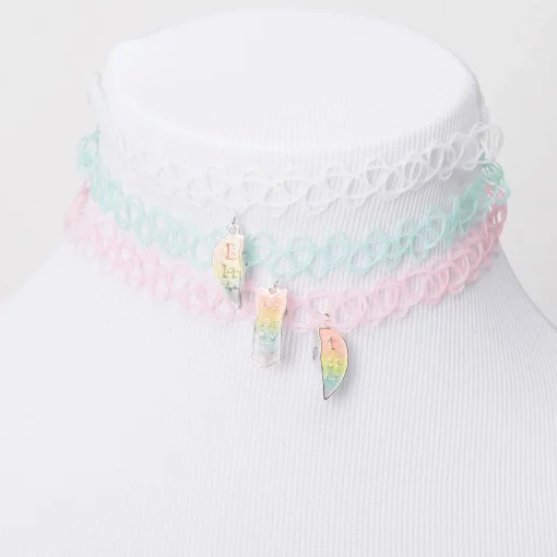 Ras-de-cou effet tatouage phosphorescent cœur pastel best friends - Lot de 3