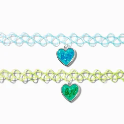 Ras-de-cou effet tatouage pendentif cœur « BFF » phosphorescents best friends - Lot de 2