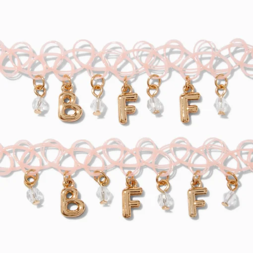 Ras-de-cou effet tatouage rose lettre bulle couleur dorée Best friends - Lot de 2