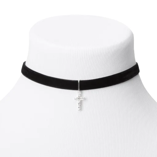Ras-de-cou en imitation velours croix couleur argentée - Noir
