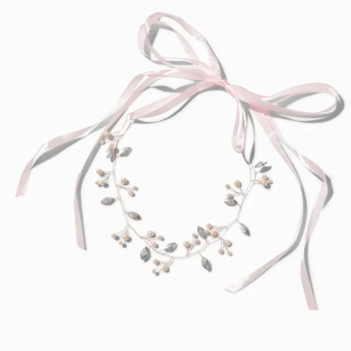 Serre-tête perles d'imitation et feuilles de strass couleur doré rose