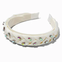 Serre-tête tressé blanc avec strass iridescents
