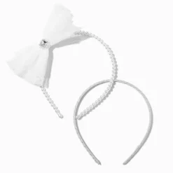Serre-têtes perles d'imitation et nœud blanc Claire's Club - Lot de 2