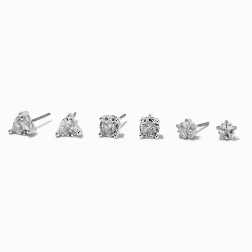 Silver-tone Cubic Zirconia 5mm Heart, Round, & Star Stud Earrings - 3 Pack