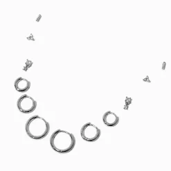 Silver-tone Cubic Zirconia Stud & Clicker Hoop Earring Stackables Set - 6 Pack