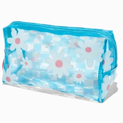 Trousse de maquillage bleu à carreaux avec marguerites blanches