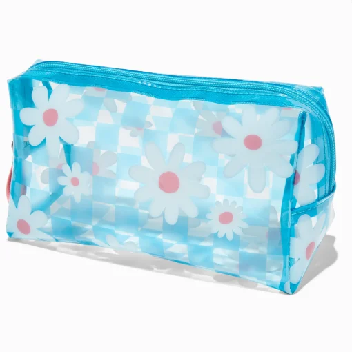 Trousse de maquillage bleu à carreaux avec marguerites blanches