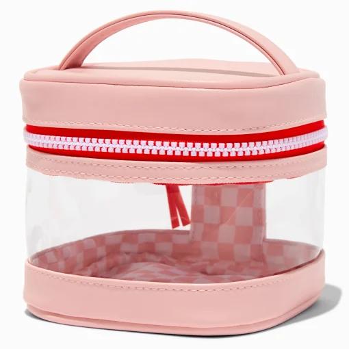 Trousse de maquillage carrée rose à carreaux