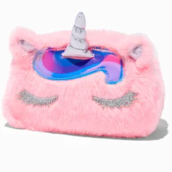 Trousse de maquillage en fausse fourrure licorne rose