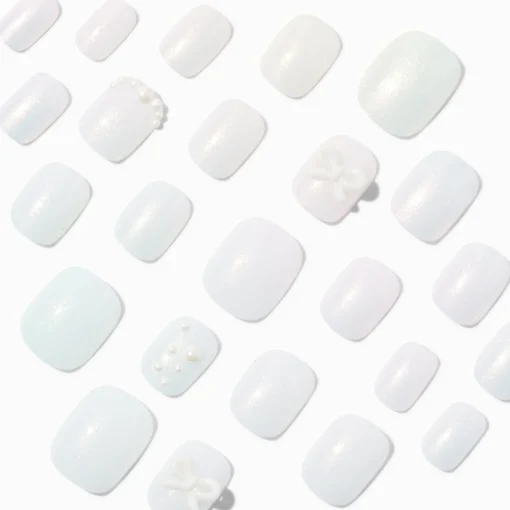 White Iridescent Pearl Squoval Vegan Faux Nail Set - 24 Pack